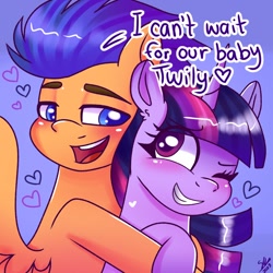 Size: 1280x1280 | Tagged: safe, artist:galaxy swirl, flash sentry, twilight sparkle, alicorn, pegasus, pony, g4, cute, diasentres, duo, eye clipping through hair, female, grin, hug, implied pregnancy, looking at each other, looking at someone, male, mare, one eye closed, open mouth, open smile, ship:flashlight, shipping, smiling, stallion, straight, twiabetes, twilight sparkle (alicorn)