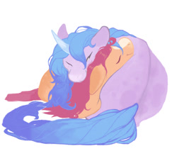 Size: 1000x850 | Tagged: safe, artist:bananasmores, izzy moonbow, sunny starscout, earth pony, pony, unicorn, g5, butt pillow, cuddling, cute, duo, duo female, eyes closed, female, izzybetes, lesbian, lying down, mare, ship:moonscout, shipping, simple background, sleeping, smiling, sunnybetes, white background
