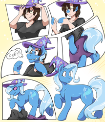 Size: 3880x4513 | Tagged: safe, artist:warlockmaru, trixie, human, pony, unicorn, g4, absurd resolution, astonishment, clothes, comic, female, hat, human to pony, mare, solo, speech bubble, transformation, transformation sequence, trixie's hat