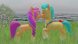 Size: 1920x1080 | Tagged: safe, artist:thisguy, hitch trailblazer, sunny starscout, earth pony, pony, g5, 3d, blender, blender eevee, boop, dark sky, duo, duo male and female, eyes closed, female, flower, grass, grass field, happy, male, mane stripe sunny, mare, noseboop, sheriff's badge, ship:starblazer, shipping, stallion, straight, unshorn fetlocks, water