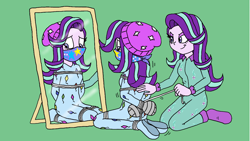 Size: 1280x720 | Tagged: safe, artist:bugssonicx, edit, starlight glimmer, human, equestria girls, g4, arm behind back, beanie, bondage, bondage mitts, bound and gagged, cloth gag, clothes, duality, duct tape, duo, duo female, female, footed sleeper, footie pajamas, gag, green background, hat, human starlight, humanized, impostor, kite, kite string, mirror, onesie, over the nose gag, pajamas, rope, rope bondage, self paradox, simple background, sleepover, slumber party, smiling, smirk, socks, starlight glimmer in places she shouldn't be, starlight's gag, strings, tape, taped fists, tied up, worried