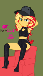 Size: 613x1080 | Tagged: safe, artist:gibsterboy5, sunset shimmer, human, equestria girls, g4, armchair, baseball cap, boots, cap, chair, choker, clothes, female, green background, hat, high heel boots, high heels, leather, leather boots, legs, looking at someone, photoshop, shoes, shorts, simple background, sitting, solo, tank top, text, thigh boots