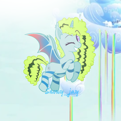 Size: 640x640 | Tagged: safe, artist:snowflakefrostyt, oc, alicorn, bat pony, bat pony alicorn, hybrid, pony, bat wings, horn, omnivore, one eye closed, slit pupils, solo, wings, wink, zebra stripes