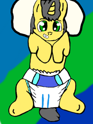 Size: 512x680 | Tagged: safe, artist:cavewolfphil, oc, oc:bitter sweetness, pony, unicorn, abdl, adult foal, bed, diaper, diaper fetish, fetish, grin, lying down, male, non-baby in diaper, pillow, smiling, stallion
