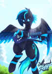 Size: 4961x7016 | Tagged: safe, artist:abyssalrabbit, oc, oc only, pegasus, pony, absurd resolution, electric guitar, guitar, musical instrument, signature, solo, spread wings, wings