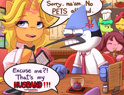 Size: 3000x2320 | Tagged: safe, artist:maren, twilight sparkle, bird, blue jay, pony, unicorn, g4, :3, angry, apron, blonde, blushing, bronybait, cafe, candle, cellphone, chef, chef's hat, clothes, cross-popping veins, crossover, crossover shipping, dialogue, duo focus, emanata, eyeshadow, female, female pov, food, glare, gritted teeth, hat, headwear, high res, hooves on the table, husband, imminent pain, implied marriage, interspecies, iphone, makeup, male, mare, married couple, menu, mordecai, mordetwi, noodles, offscreen character, offscreen female, pasta, pearl necklace, phone, pov, ramen, regular show, restaurant, salt shaker, self insert, shipping, smartphone, smartwatch, spaghetti, speech bubble, straight, table, tablet, teeth, text, this will end in property damage, this will end in tears, unamused, upset, waifu, waitress, watch
