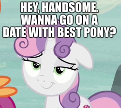 Size: 1014x906 | Tagged: safe, edit, edited screencap, screencap, sweetie belle, pony, unicorn, g4, hard to say anything, bedroom eyes, best pony, bronybait, caption, cropped, flirting, image macro, looking at you, smiling, solo, sweetielove, talking to viewer, text