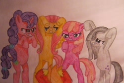 Size: 1572x1052 | Tagged: safe, artist:tiia-arts, big macintosh, cheerilee, fluttershy, marble pie, sugar belle, earth pony, pegasus, pony, unicorn, g4, 2017, angry, big macintosh gets all the mares, bipedal, colored pencil drawing, female, male, mare, old art, polyamory, ship:cheerimac, ship:fluttermac, ship:marblemac, ship:sugarmac, shipping, stallion, straight, traditional art