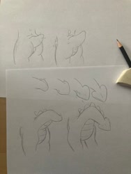 Size: 1536x2048 | Tagged: safe, artist:foxxy-arts, dragon, butt, eraser, misleading thumbnail, motion lines, pencil, pencil drawing, spaded tail, tail, tail growth, traditional art, transformation, transformation sequence, wip