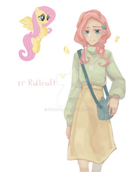 Size: 827x1023 | Tagged: safe, artist:sunmur, fluttershy, human, pegasus, pony, g4, alternate hairstyle, bag, blushing, clothes, deviantart watermark, ear piercing, earring, female, humanized, jewelry, mare, necklace, obtrusive watermark, piercing, shirt, simple background, skirt, solo, watermark, white background