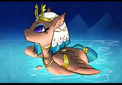 Size: 2642x1851 | Tagged: safe, artist:opalacorn, somnambula, pegasus, pony, g4, egyptian, egyptian headdress, egyptian pony, female, headdress, jewelry, looking up, mare, partially submerged, solo, water, wing jewelry, wings