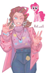 Size: 750x1050 | Tagged: safe, artist:sunmur, pinkie pie, earth pony, human, pony, g4, alternate hairstyle, blushing, clothes, coat, denim, deviantart watermark, ear piercing, earring, face paint, female, grin, humanized, jeans, jewelry, makeup, mare, necklace, obtrusive watermark, one eye closed, pants, piercing, simple background, smiling, solo, sweater, watermark, white background, wink