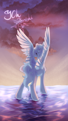 Size: 3240x5760 | Tagged: safe, artist:jsunlight, oc, pegasus, pony, cloud, commission, solo, spread wings, sunset, water, wings, your character here
