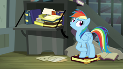 Size: 1280x720 | Tagged: safe, screencap, rainbow dash, pegasus, pony, daring don't, g4, book, folded wings, solo, typewriter, wings