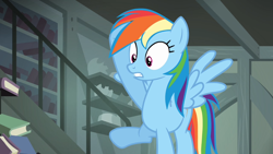 Size: 1280x720 | Tagged: safe, screencap, rainbow dash, pegasus, pony, daring don't, g4, book, solo