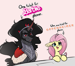 Size: 3024x2664 | Tagged: safe, artist:witchtaunter, fluttershy, king sombra, pegasus, pony, unicorn, g4, armor, barbenheimer, barbie, barbie (film), cape, chest fluff, clothes, crown, cute, dialogue, duo, duo male and female, ear fluff, fangs, female, floppy ears, high res, jewelry, male, mare, meme, open mouth, oppenheimer, red eyes, regalia, ship:sombrashy, shipping, shyabetes, stallion, straight, talking, text