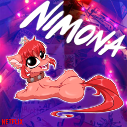 Size: 2500x2500 | Tagged: safe, artist:rurihal, changeling, earth pony, pony, collar, high res, looking at you, netflix, nimona, piercing, ponified, solo, wingding eyes