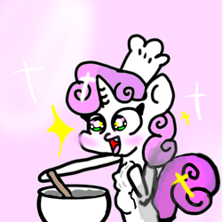 Size: 4096x4096 | Tagged: safe, artist:sweetsterty, sweetie belle, pony, unicorn, g4, blushing, chef's hat, chest fluff, cooking, cute, diasweetes, female, filly, foal, food, happy, hat, horn, innocent, open mouth, sharp teeth, sweetie belle can't cook, sweetie fail, teeth, this will end in fire, this will end in food poisoning, this will end in pain, wingding eyes