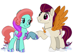Size: 1181x880 | Tagged: safe, artist:nightlightartz, jazz hooves, rocky riff, earth pony, pegasus, pony, g4, g5, beauty mark, cute, duo, duo male and female, female, g5 to g4, generation leap, jewelry, male, mare, movie accurate, necklace, sash, simple background, stallion, transparent background, watermark