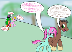 Size: 2500x1800 | Tagged: safe, artist:amateur-draw, oc, oc only, oc:belle boue, oc:oak wood, earth pony, pony, unicorn, angry, bully, clothes, female, jewelry, laughing, mare, necklace, pearl necklace, simple background, speech bubble, sunglasses, text, unamused