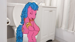 Size: 1280x720 | Tagged: safe, edit, edited screencap, screencap, melody, earth pony, pony, g1, my little pony tales, background pony strikes again, bathroom, blue mane, but why, eyes closed, implied pissing, implied pooping, open mouth, pink body, real life background, relief, sink, sitting, sitting on toilet, solo, taking a dump, toilet, toilet paper, wat, when, where, who, why