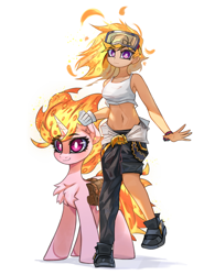 Size: 3023x4096 | Tagged: safe, artist:jfrxd, oc, oc only, human, pony, unicorn, bare midriff, belly button, bracelet, chest fluff, clothes, fiery hair, fiery mane, fiery tail, gloves, goggles, high res, horn, human ponidox, humanized, humanized oc, jewelry, looking at you, magenta eyes, midriff, pants, pony oc, purple eyes, self paradox, self ponidox, shoes, short shirt, simple background, standing, standing on one leg, tank top, unicorn oc, white background, white pupils