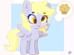 Size: 4000x3000 | Tagged: safe, artist:zokkili, derpy hooves, pegasus, pony, g4, :3, :p, beanbrows, cute, derpabetes, eyebrows, eyebrows visible through hair, female, food, high res, muffin, signature, smiling, solo, spread wings, that pony sure does love muffins, thought bubble, tongue out, wings