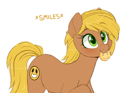 Size: 1140x830 | Tagged: safe, artist:higglytownhero, earth pony, pony, blushing, cute, female, food, mare, mouth hold, simple background, smiley convention guest, smiley face, smiling, solo, unnamed character, unnamed pony, white background