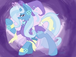 Size: 640x480 | Tagged: safe, artist:m3tavyx, trixie, pony, unicorn, g4, button, clothes, grin, looking at you, smiling, solo, tail, tail wrap