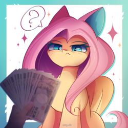 Size: 2300x2300 | Tagged: safe, artist:miryelis, fluttershy, pegasus, pony, g4, :<, behaving like a cat, cat ears, high res, long hair, meme, money, painfully innocent fluttershy, serious, serious face, signature, solo, sparkles, wings