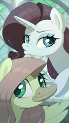 Size: 2000x3574 | Tagged: safe, artist:nookprint, fluttershy, rarity, pegasus, pony, unicorn, g4, duck bill, duckface, duo, female, high res, looking at you, mare, mask