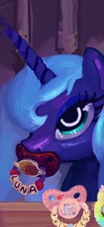 Size: 942x2048 | Tagged: safe, artist:asdfasfasda, princess luna, tiberius, alicorn, pony, g4, age regression, bust, colorful, craft, eyelashes, eyeshadow, female, makeup, mare, pacifier, portrait, s1 luna, solo, younger