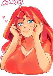 Size: 1400x2000 | Tagged: safe, artist:sozglitch, sunset shimmer, human, g4, big breasts, breasts, bust, busty sunset shimmer, cleavage, cute, floating heart, hand on cheek, heart, huge breasts, humanized, looking at you, shimmerbetes, signature, simple background, smiling, smiling at you, solo, white background