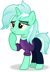 Size: 2536x3630 | Tagged: safe, artist:anime-equestria, lyra heartstrings, pony, unicorn, g4, alternate hairstyle, clothes, female, high res, horn, jewelry, mare, necklace, outfit, pants, purple shirt, simple background, solo, transparent background, vector