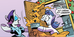 Size: 1302x648 | Tagged: safe, artist:andypriceart, idw, hot pot (g4), rarity, earth pony, pony, unicorn, g4, spoiler:comic, spoiler:comicholiday2019, cheese, female, food, mare, this will end in death, this will end in tears, this will end in tears and/or death