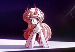 Size: 2000x1410 | Tagged: safe, artist:rainydark, oc, oc only, pony, unicorn, black background, digital art, female, gift art, horn, horns, lightning, lineart, long hair, red eyes, simple background, solo, stars, unicorn oc