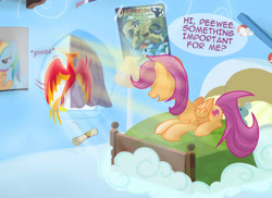 Size: 1100x800 | Tagged: safe, artist:redheadfly, peewee, scootaloo, pony, tumblr:ask-adultscootaloo, g4, lying down, older, prone