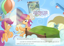 Size: 1100x800 | Tagged: safe, artist:redheadfly, scootaloo, pony, tumblr:ask-adultscootaloo, g4, balloon, older, scroll, self paradox, self ponidox