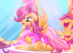 Size: 963x700 | Tagged: safe, artist:redheadfly, scootaloo, pony, tumblr:ask-adultscootaloo, g4, animated, clothes, dress, gif, older, scootaloo also dresses in style, self paradox, self ponidox, time paradox, tomboy taming
