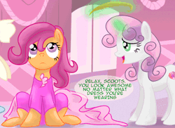Size: 894x650 | Tagged: safe, artist:redheadfly, scootaloo, sweetie belle, pegasus, pony, unicorn, tumblr:ask-adultscootaloo, g4, animated, clothes, dress, female, gif, magic, mare, older, older scootaloo, scootaloo also dresses in style, tomboy taming