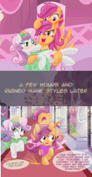Size: 1100x2115 | Tagged: safe, artist:redheadfly, scootaloo, sweetie belle, pegasus, pony, unicorn, tumblr:ask-adultscootaloo, g4, animated, clothes, dress, gif, older, self paradox, self ponidox
