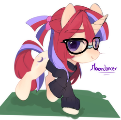 Size: 1817x1800 | Tagged: safe, artist:panrcillo_jelly, moondancer, pony, unicorn, g4, chibi, clothes, cute, dancerbetes, female, glasses, looking at you, raised hoof, simple background, smiling, smiling at you, solo, standing, sweater, taped glasses, three quarter view, walking, white background