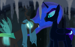 Size: 4000x2500 | Tagged: safe, artist:khazard, nightmare moon, queen chrysalis, alicorn, changeling, pony, g4, cave, ethereal mane, ethereal tail, glowing, glowing eyes, high res, stalactite, tail