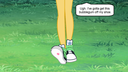 Size: 1364x766 | Tagged: safe, artist:chipmunkraccoonoz, sunset shimmer, human, equestria girls, g4, bubblegum, caption, clothes, converse, food, grass, gum, legs, pictures of legs, shoes, sneakers, solo, text