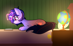 Size: 2927x1849 | Tagged: safe, artist:ermecg, oc, oc only, oc:bellatrix, pony, unicorn, bed, eyes open, female, globe, glowing, glowing horn, horn, light, lying down, magic, magic aura, mare, night, on bed, prone, reading, shading, single, solo