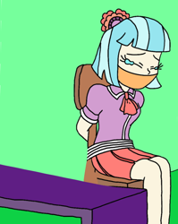 Size: 572x720 | Tagged: safe, artist:bugssonicx, edit, coco pommel, human, equestria girls, g4, bondage, cloth gag, clothes, crying, damsel in distress, female, gag, green background, humanized, simple background, sitting, skirt, tied to chair, tied up