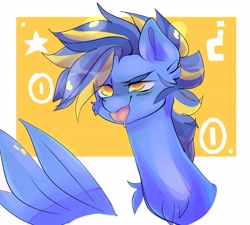 Size: 3000x2695 | Tagged: safe, artist:madiwann, oc, oc only, oc:shining trophy, pegasus, pony, bust, chest fluff, high res, male, simple background, smiling, tongue out, wings