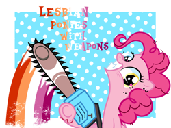 Size: 1890x1414 | Tagged: safe, artist:makintosh91, artist:misterdavey, edit, editor:oathcharm, vector edit, pinkie pie, earth pony, pony, cupcakes hd, cutiemarks (and the things that bind us), lesbian ponies with weapons, g4, abstract background, chainsaw, ear piercing, earring, fangs, female, grimcute, heart, heart eyes, heterochromia, jewelry, lesbian pride flag, lgbt, lgbtq, mare, piercing, polka dot background, polka dots, pride, pride flag, sharp teeth, smiling, solo, teeth, text, this will end in cupcakes, this will end in death, this will end in tears, this will end in tears and/or death, unshorn fetlocks, vector, vylet pony, wingding eyes