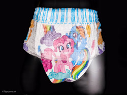 Size: 4000x3000 | Tagged: safe, pinkie pie, rainbow dash, earth pony, pegasus, pony, g4, balloon, black background, cloud, diaper, irl, lightning, merchandise, pampers, pampers easy ups, photo, pullup (diaper), rainbow, simple background