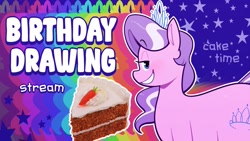 Size: 1279x720 | Tagged: safe, artist:secretgoombaman12345, diamond tiara, g4, birthday, cake, chubby, chubby diamond, fat, food, jewelry, looking at you, looking sideways, overweight, smiling, smiling at you, solo, stars, stretched cutie mark, tiara